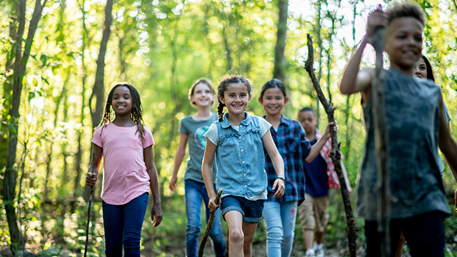 Kids hiking up a mountain to see an awesome view